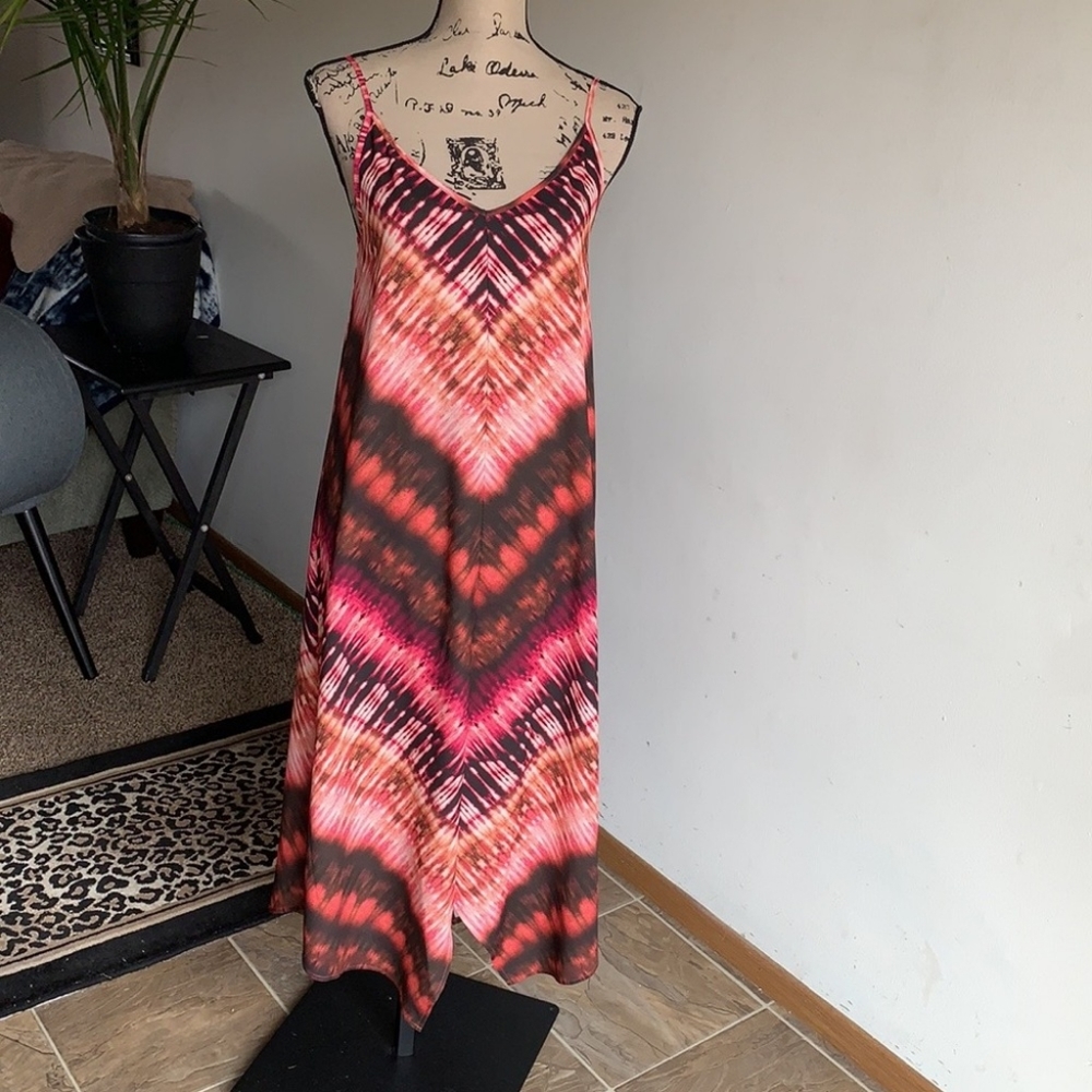 Prana Tie Dye Pink Midi Dress Lace Up Asymmetrical Hem Women's XS Bohemian Print